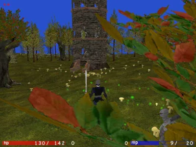 Xundar screenshot of tower entrance to dungeon from a forest
